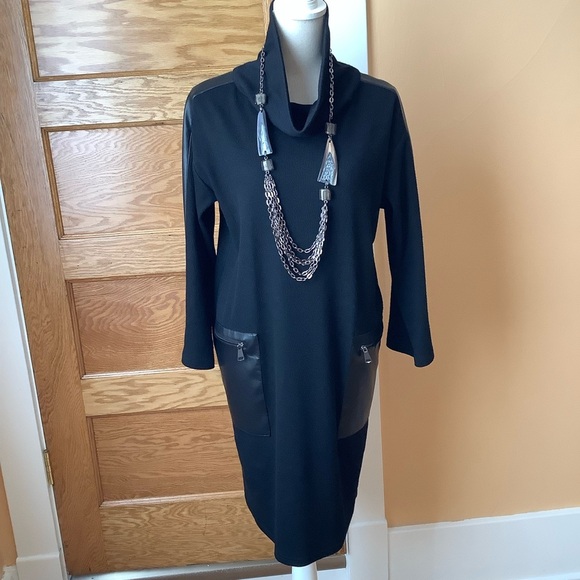 JOSEPH RIBKOFF Black Sweater Dress Faux Leather Details Size 8 - Picture 2 of 14